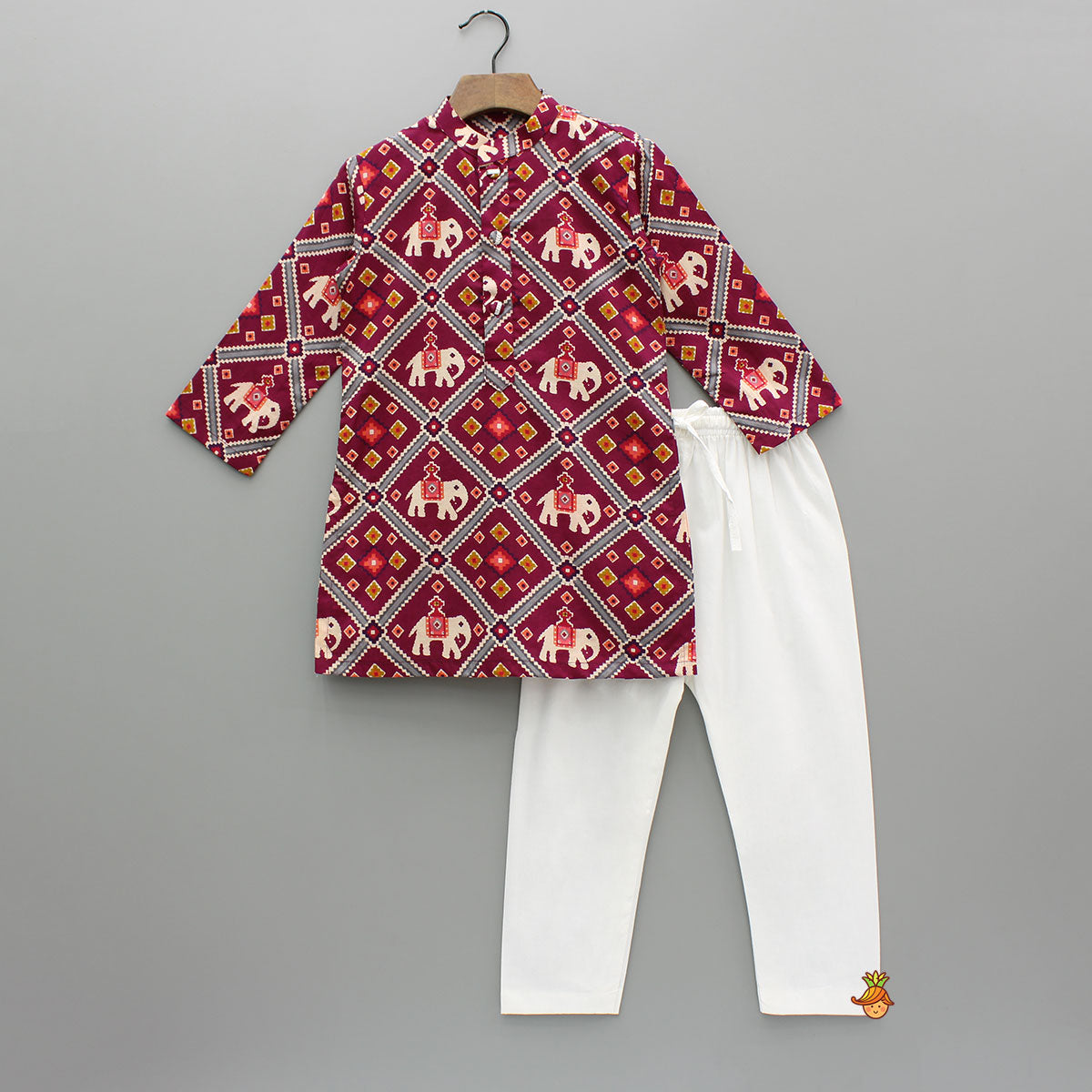 Wine Patola Printed Kurta With Front Open Jacket And Pyjama