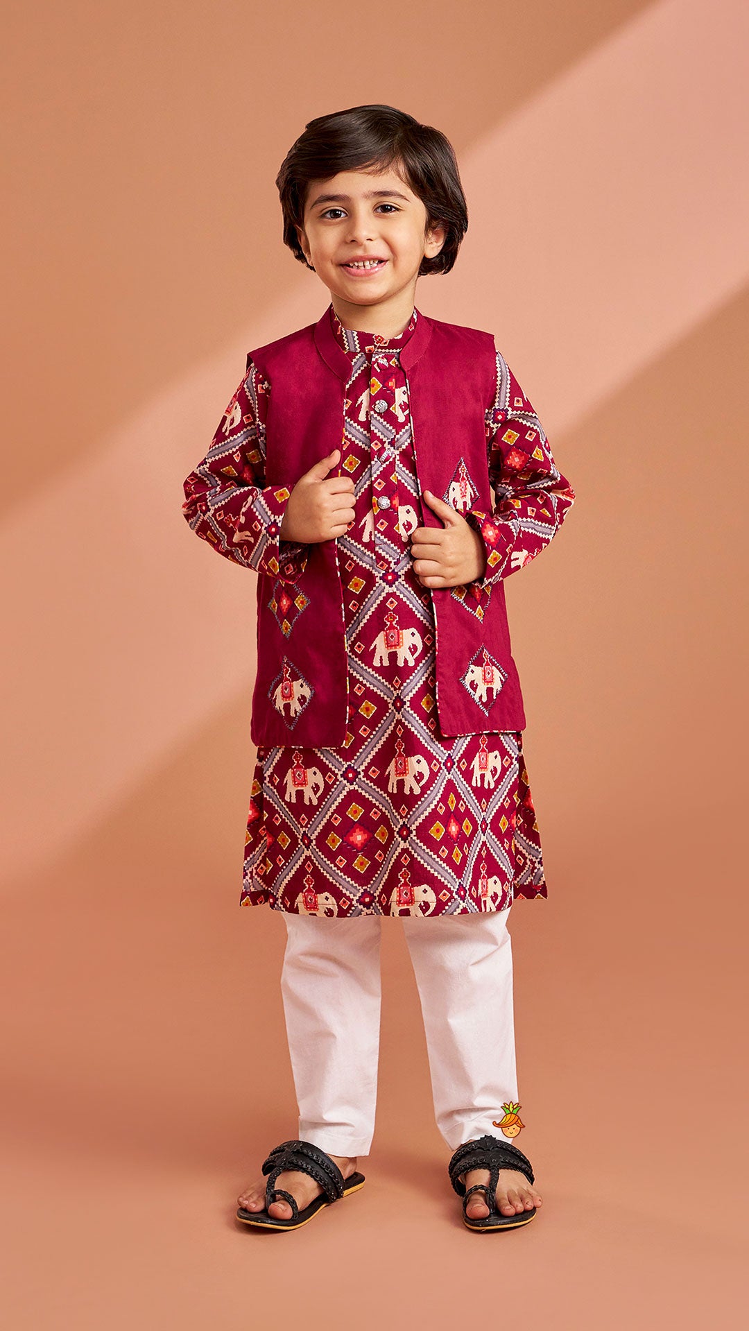 Wine Patola Printed Kurta With Front Open Jacket And Pyjama