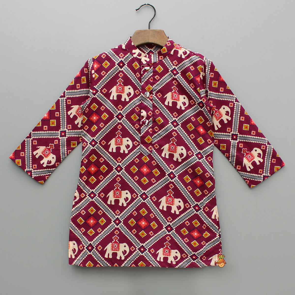 Wine Patola Printed Kurta With Front Open Jacket And Pyjama