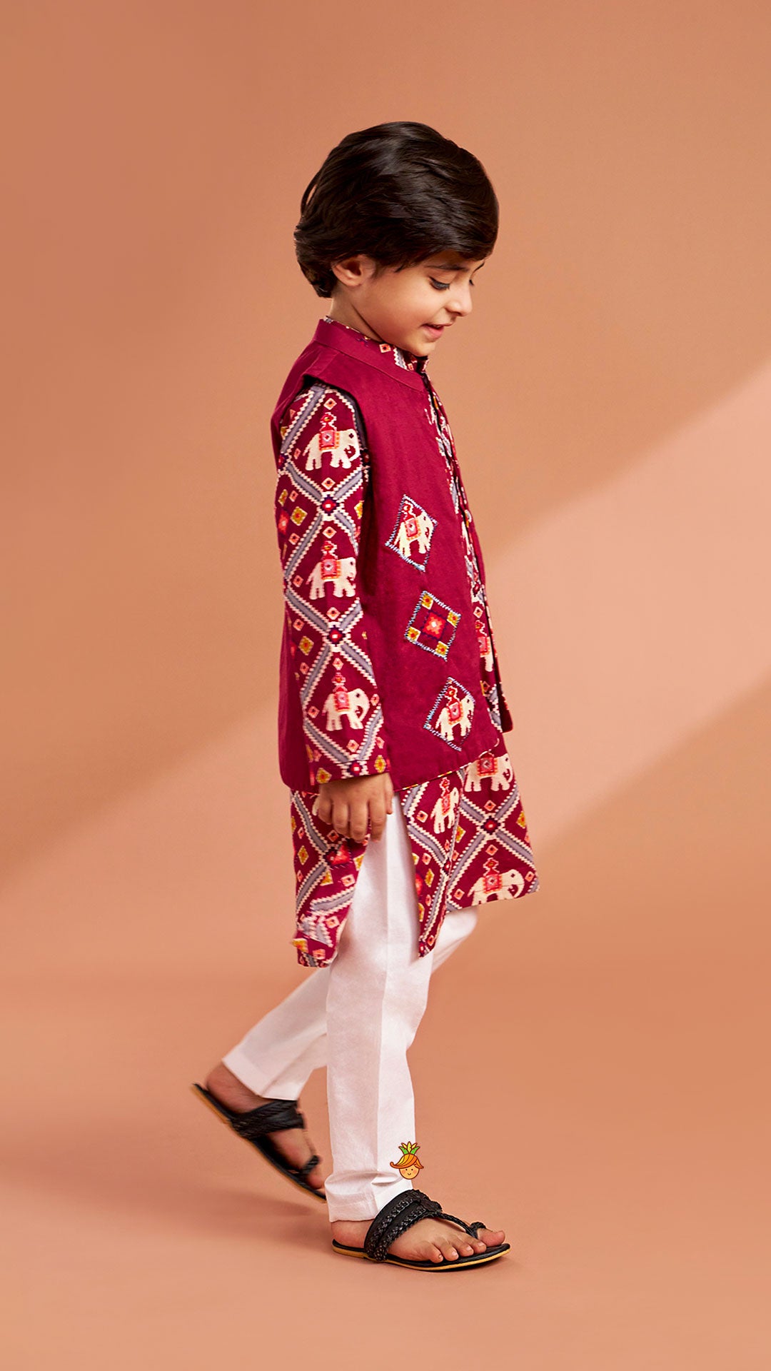 Wine Patola Printed Kurta With Front Open Jacket And Pyjama