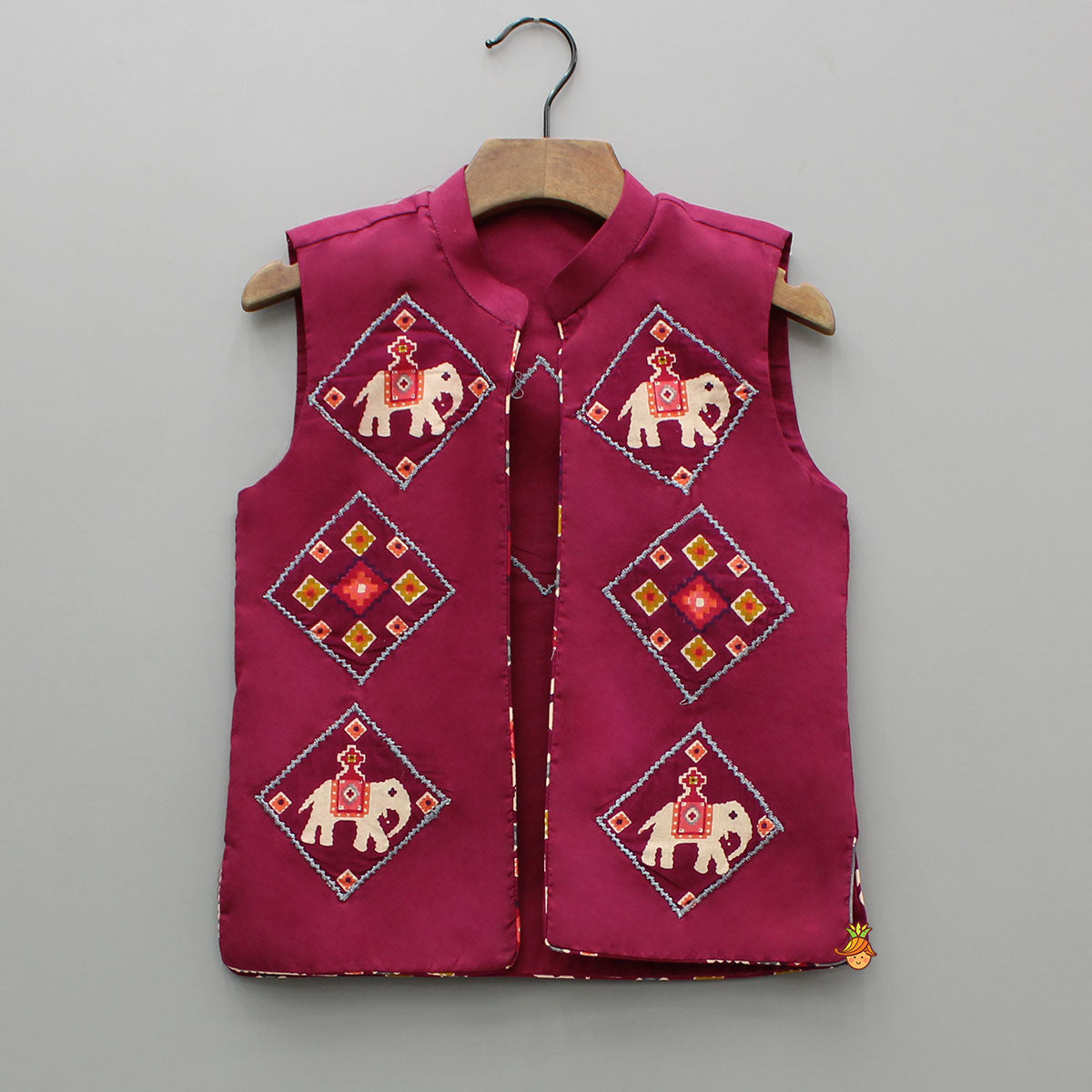 Wine Patola Printed Kurta With Front Open Jacket And Pyjama