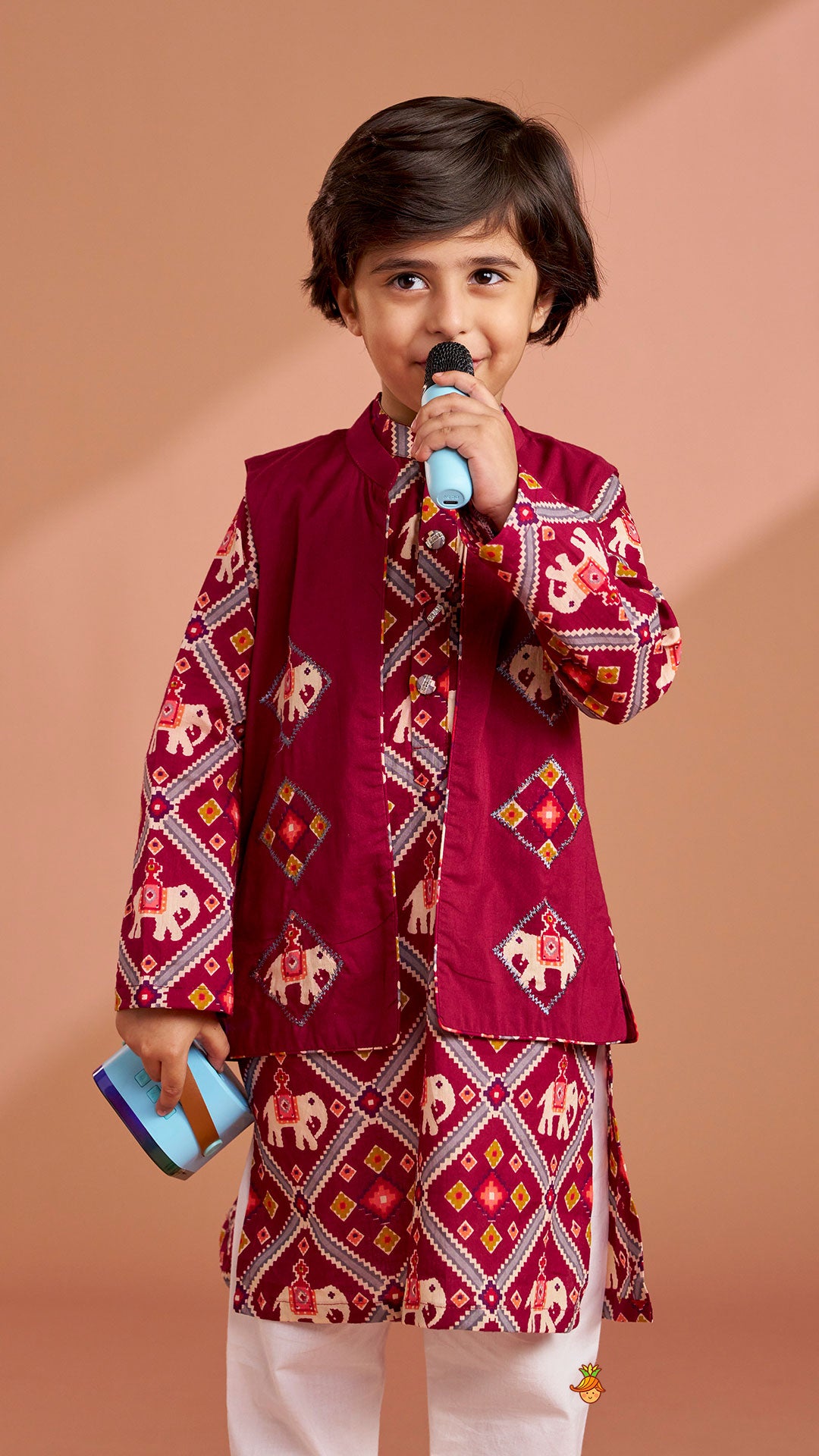Wine Patola Printed Kurta With Front Open Jacket And Pyjama