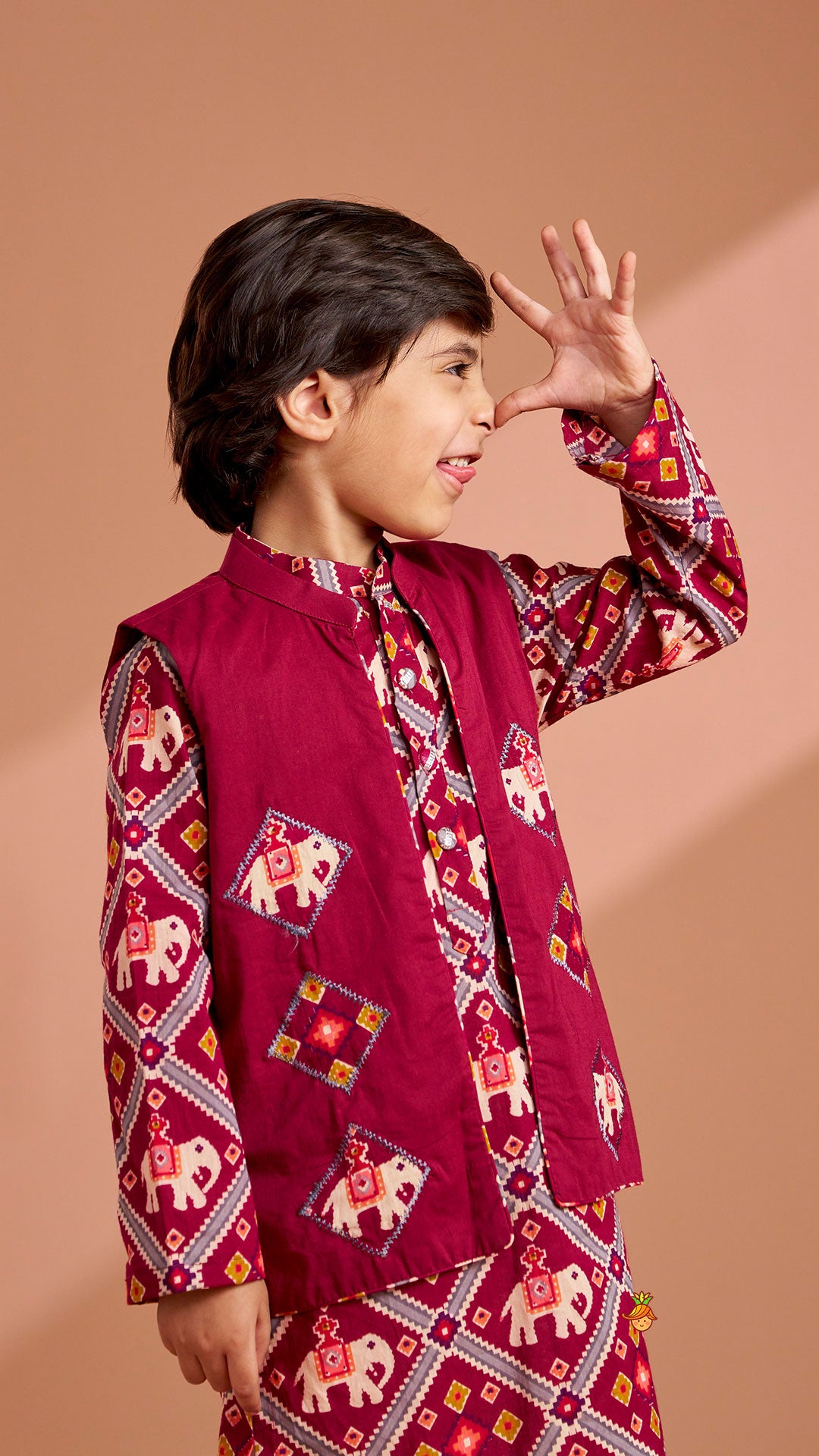 Wine Patola Printed Kurta With Front Open Jacket And Pyjama