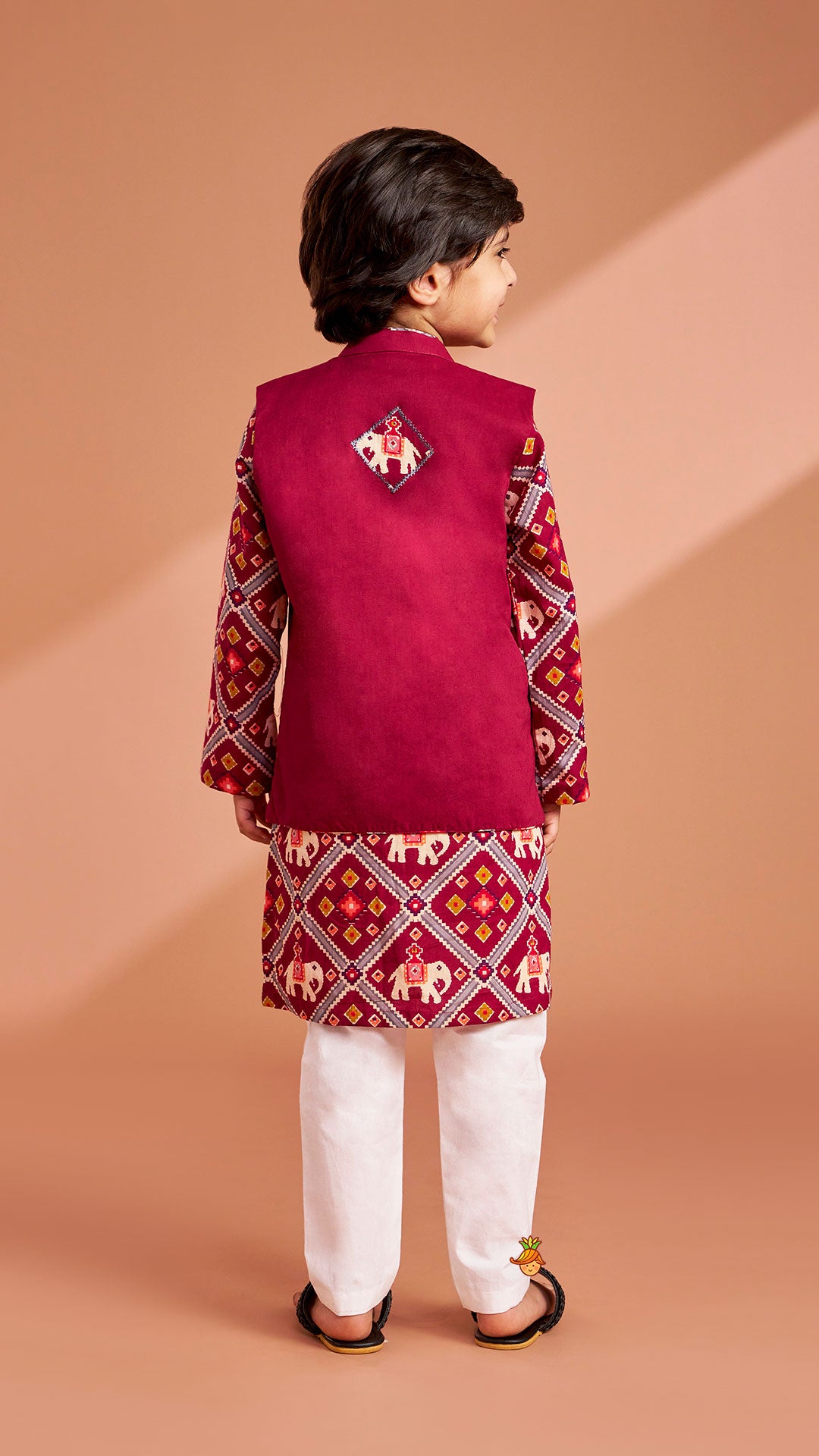 Wine Patola Printed Kurta With Front Open Jacket And Pyjama