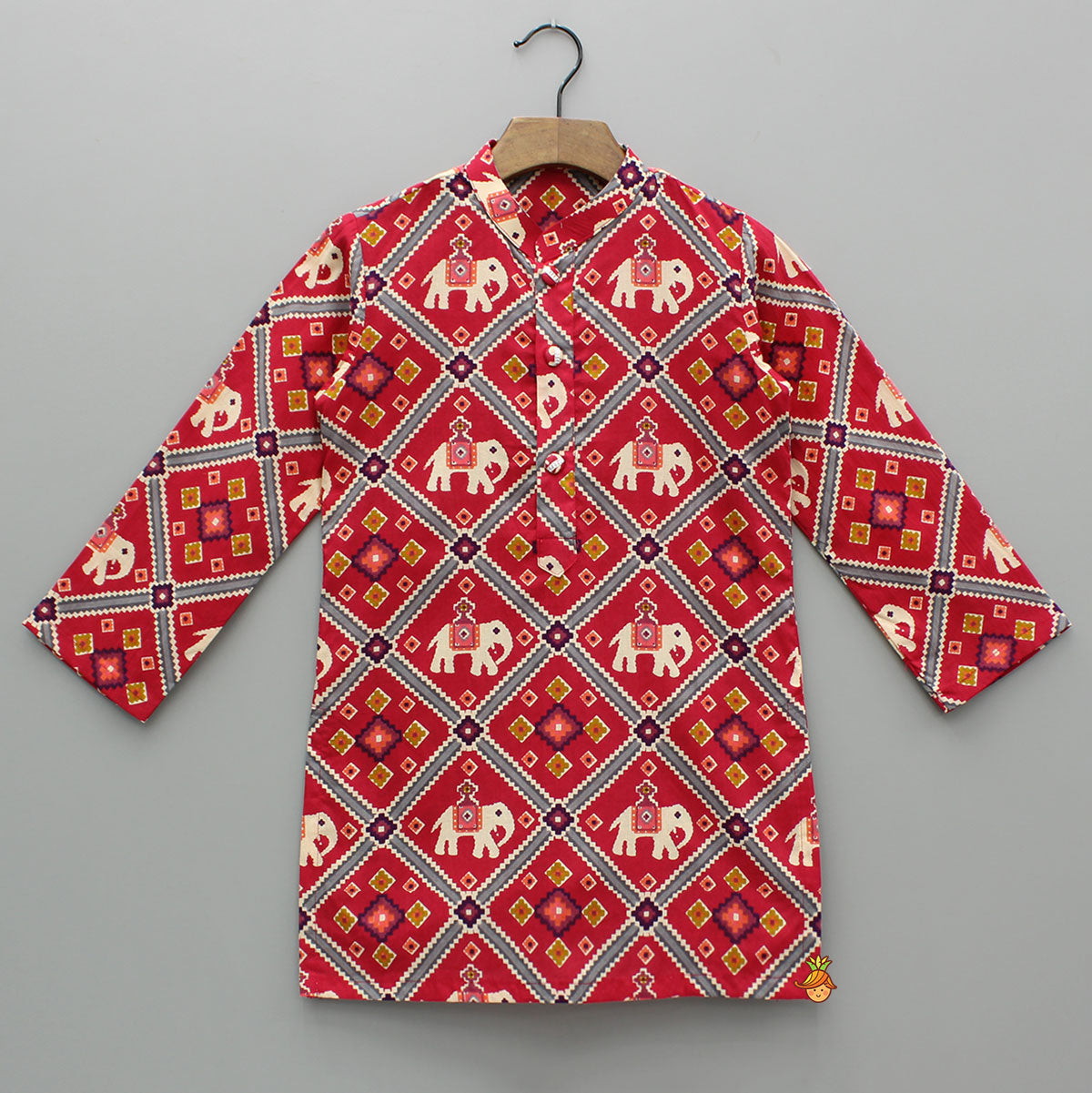Red Patola Printed Kurta With Front Open Jacket And Pyjama