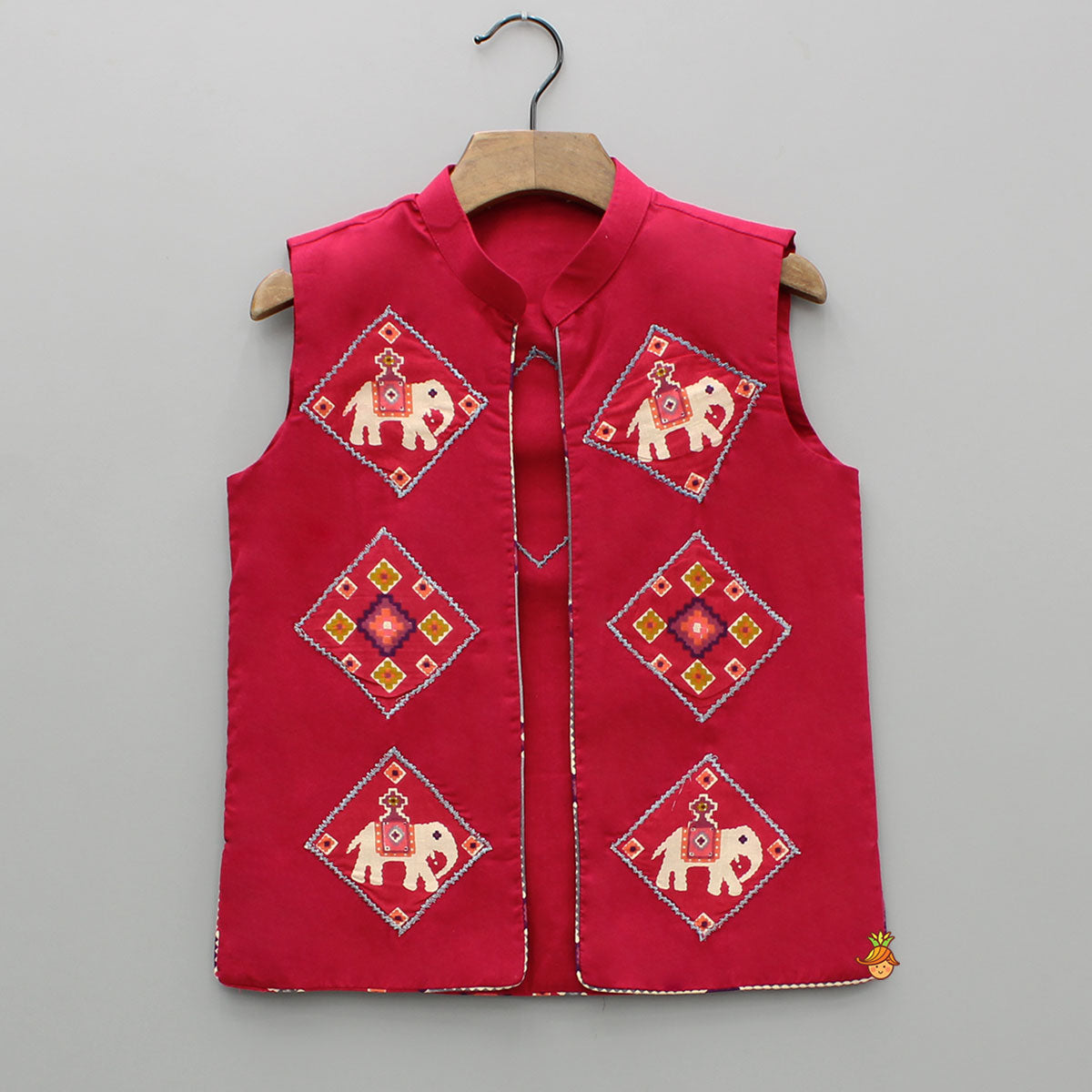 Red Patola Printed Kurta With Front Open Jacket And Pyjama