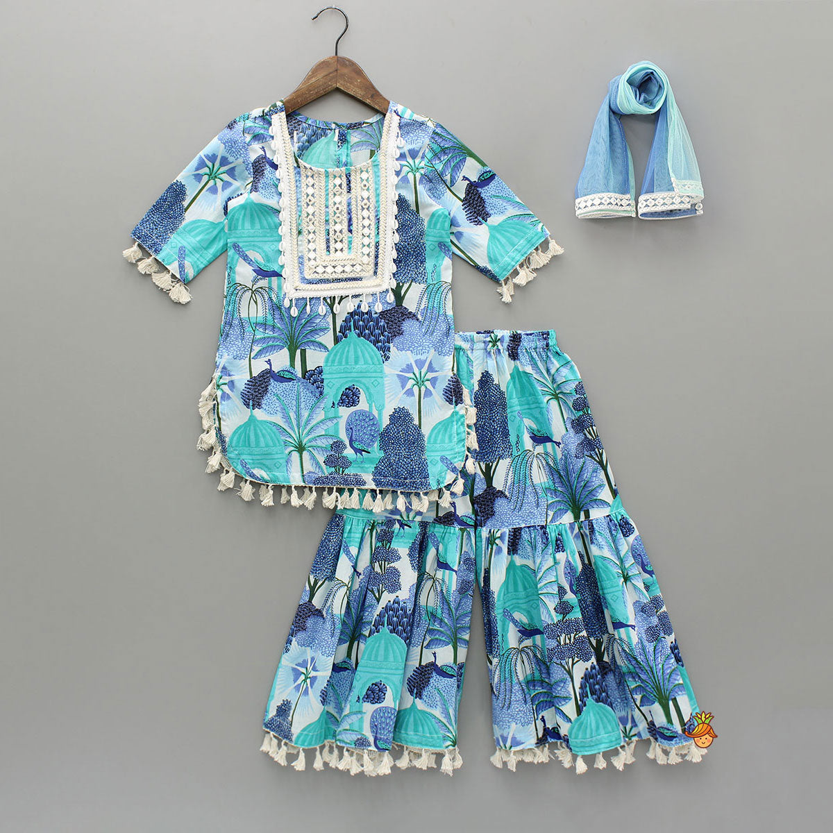 Blue Multicolour Printed Kurti And Sharara With Dupatta