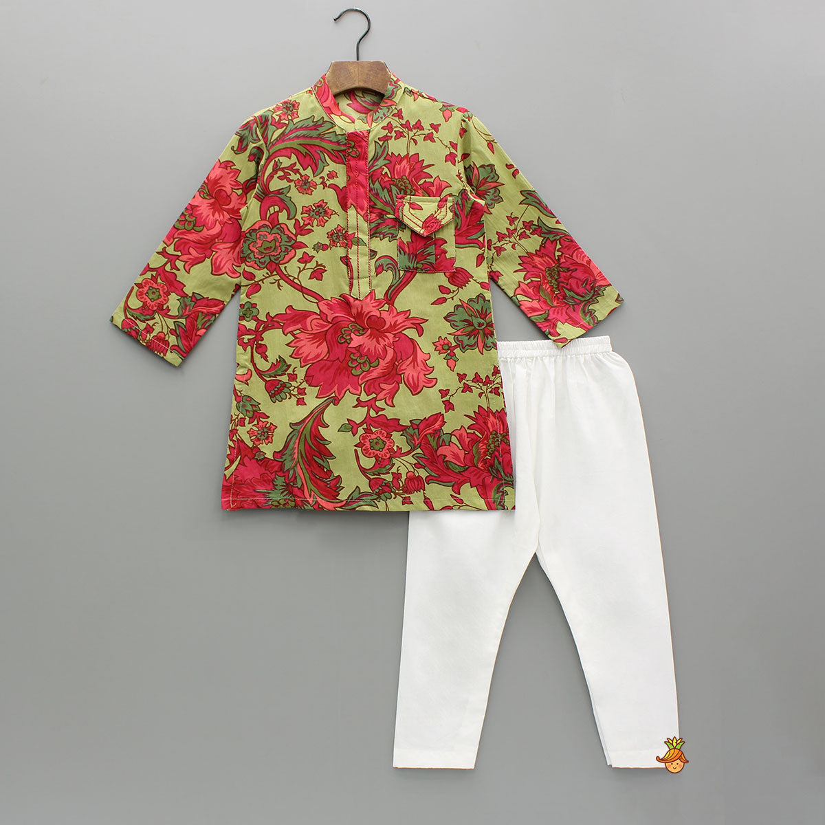Multicolored Floral Print Green Kurta With Pyjama
