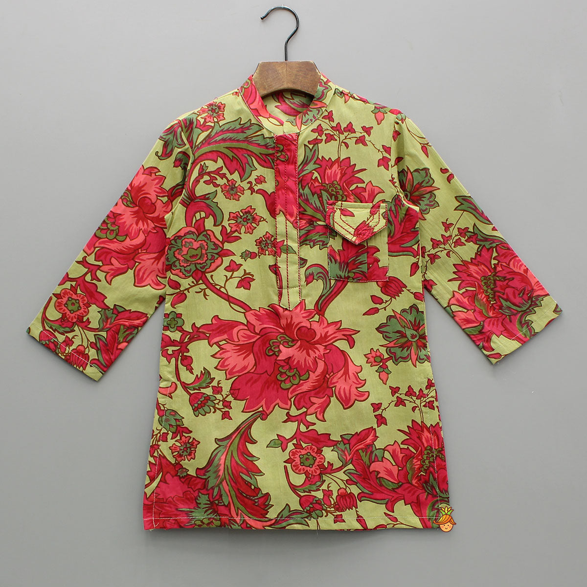 Multicolored Floral Print Green Kurta With Pyjama