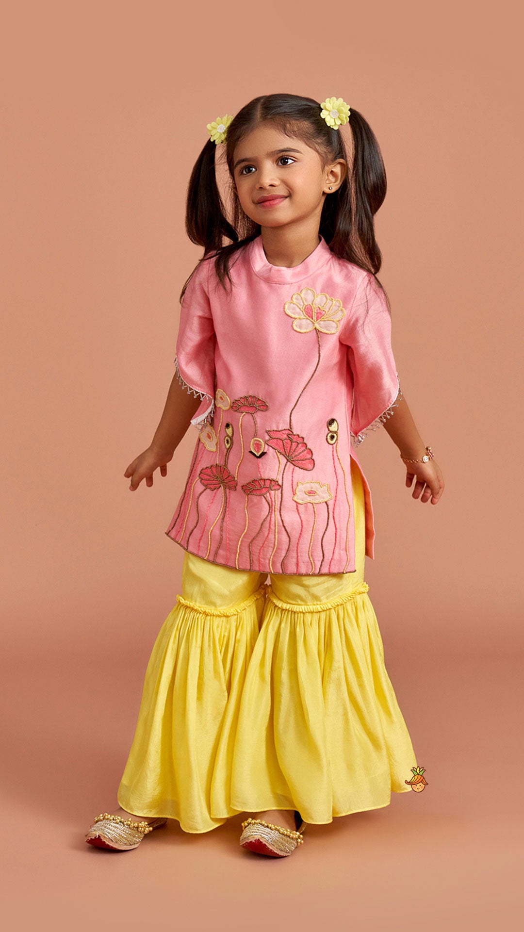 Pink Beaded Applique Embroidered Floral Kurta With Sharara