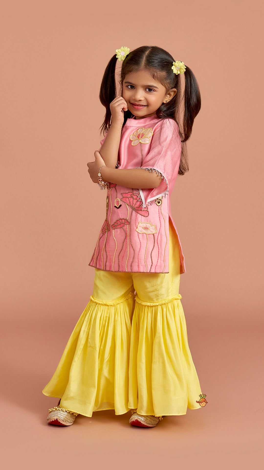 Pink Beaded Applique Embroidered Floral Kurta With Sharara
