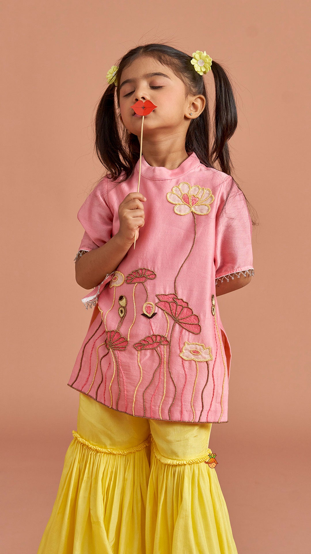 Pink Beaded Applique Embroidered Floral Kurta With Sharara