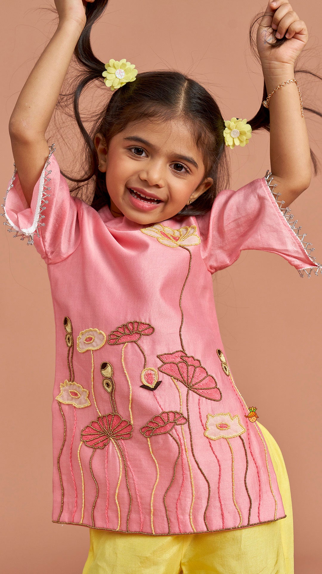 Pink Beaded Applique Embroidered Floral Kurta With Sharara
