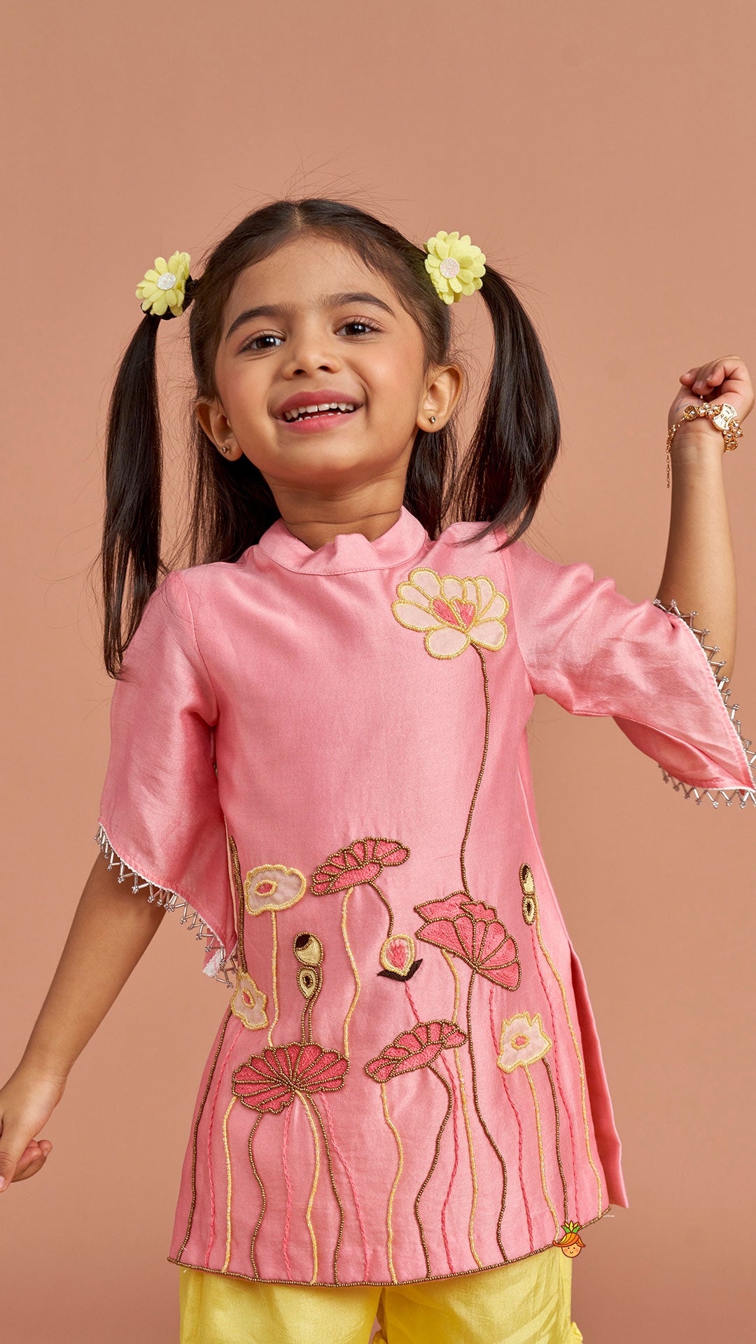 Pink Beaded Applique Embroidered Floral Kurta With Sharara