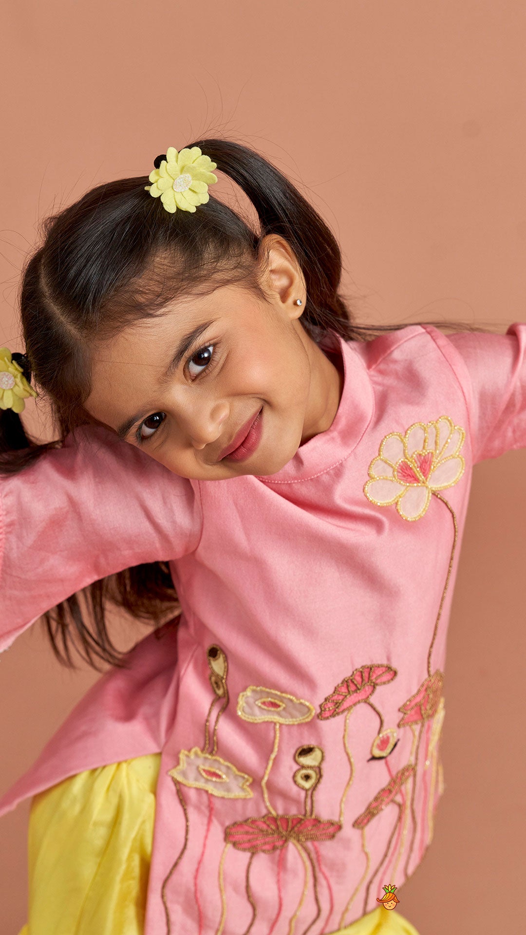 Pink Beaded Applique Embroidered Floral Kurta With Sharara