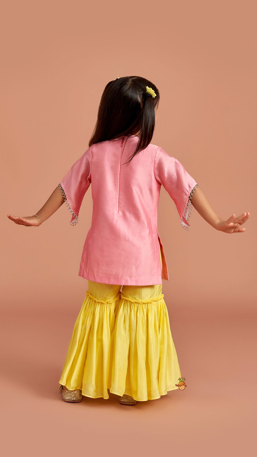 Pink Beaded Applique Embroidered Floral Kurta With Sharara