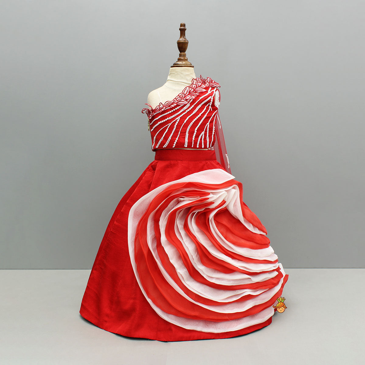 Red One Shoulder Embellished Top With Attached Dupatta And Stylish Lehenga