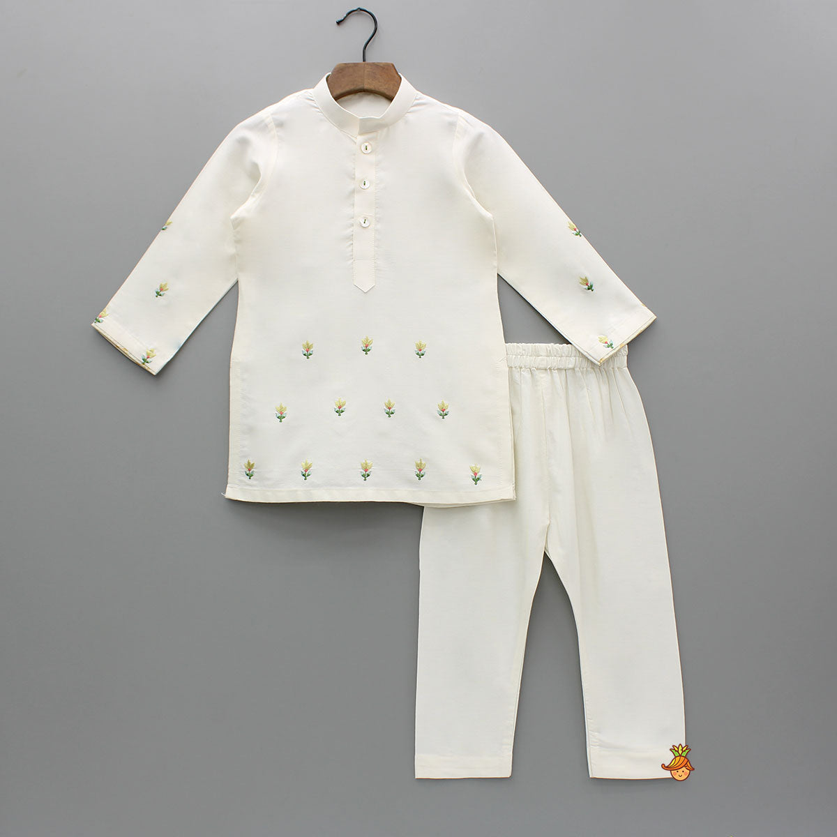Cream Embroidered Kurta And Multicolour Printed Jacket With Pyjama