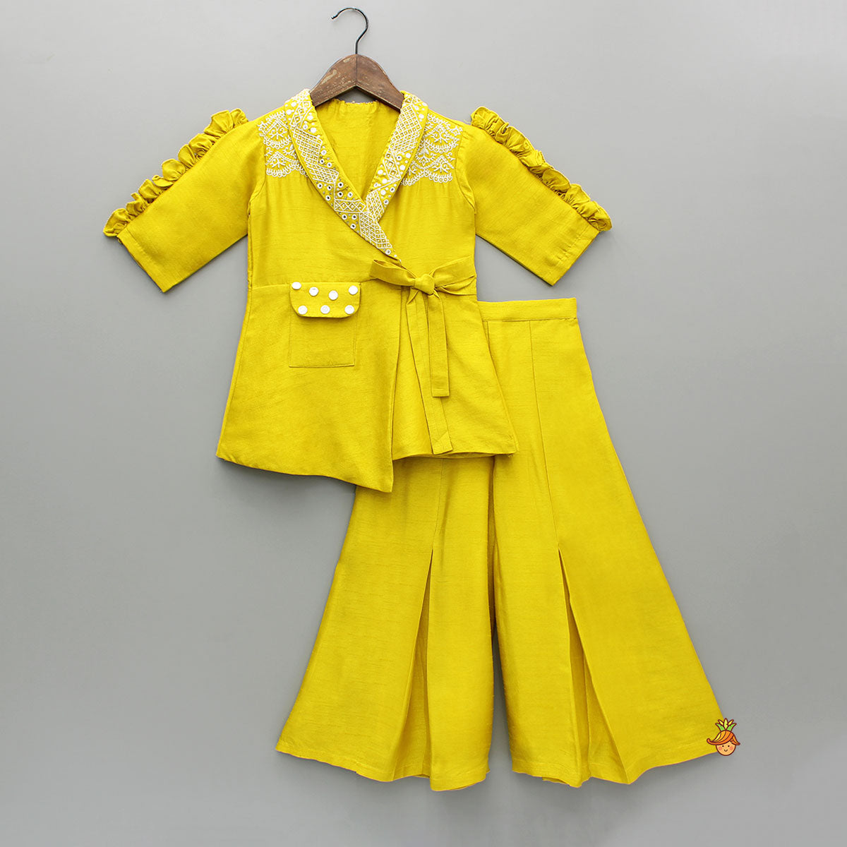 Mustard Embroidered Jacket Style Top And Pleated Palazzo
