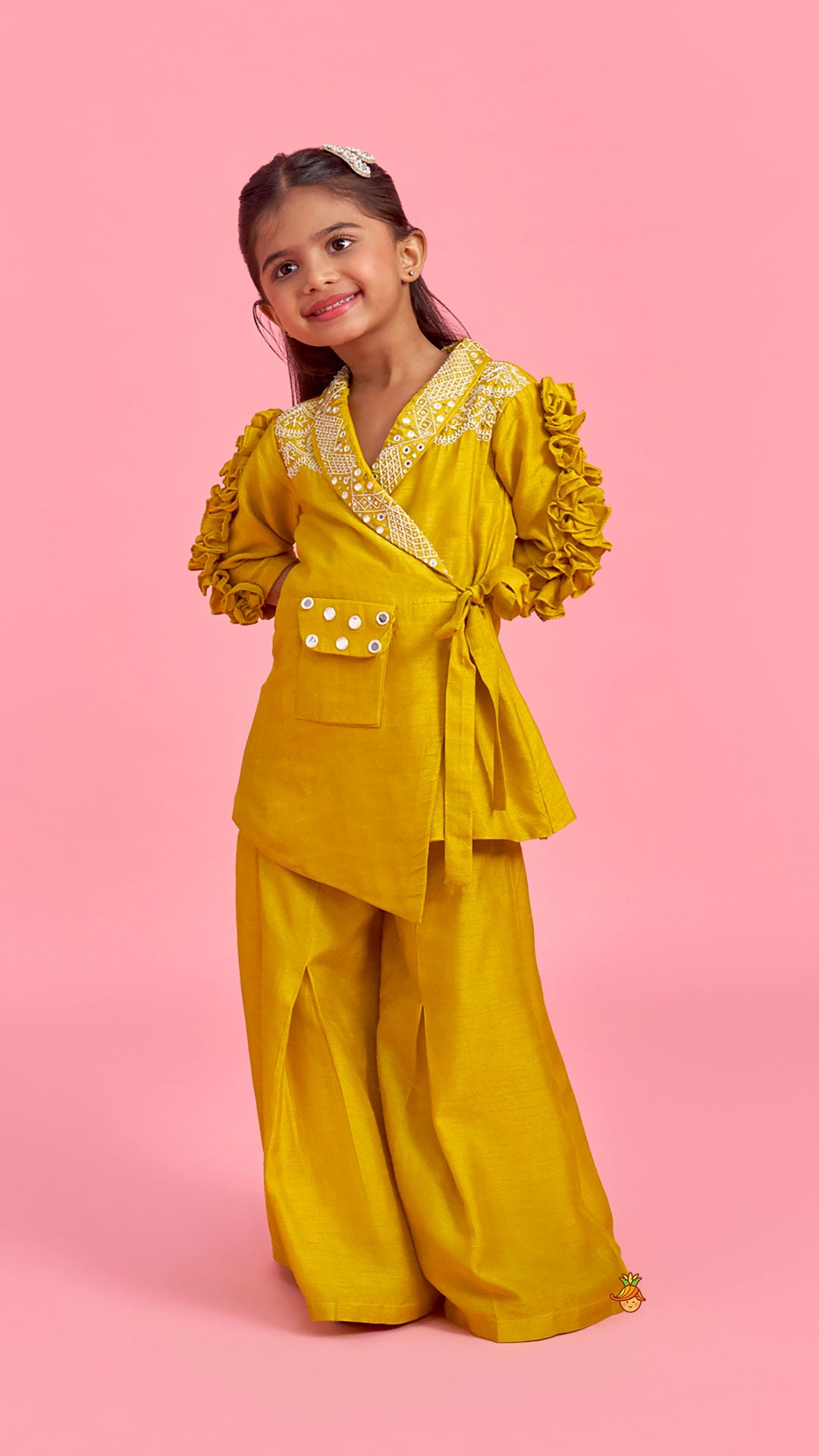 Mustard Embroidered Jacket Style Top And Pleated Palazzo