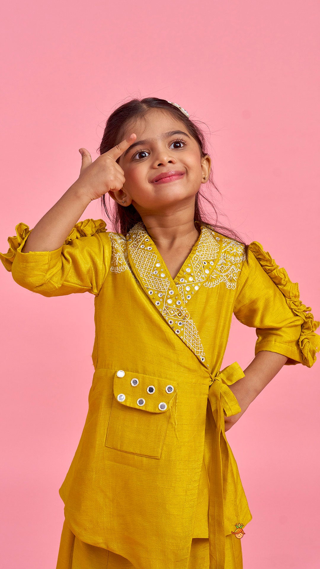 Mustard Embroidered Jacket Style Top And Pleated Palazzo