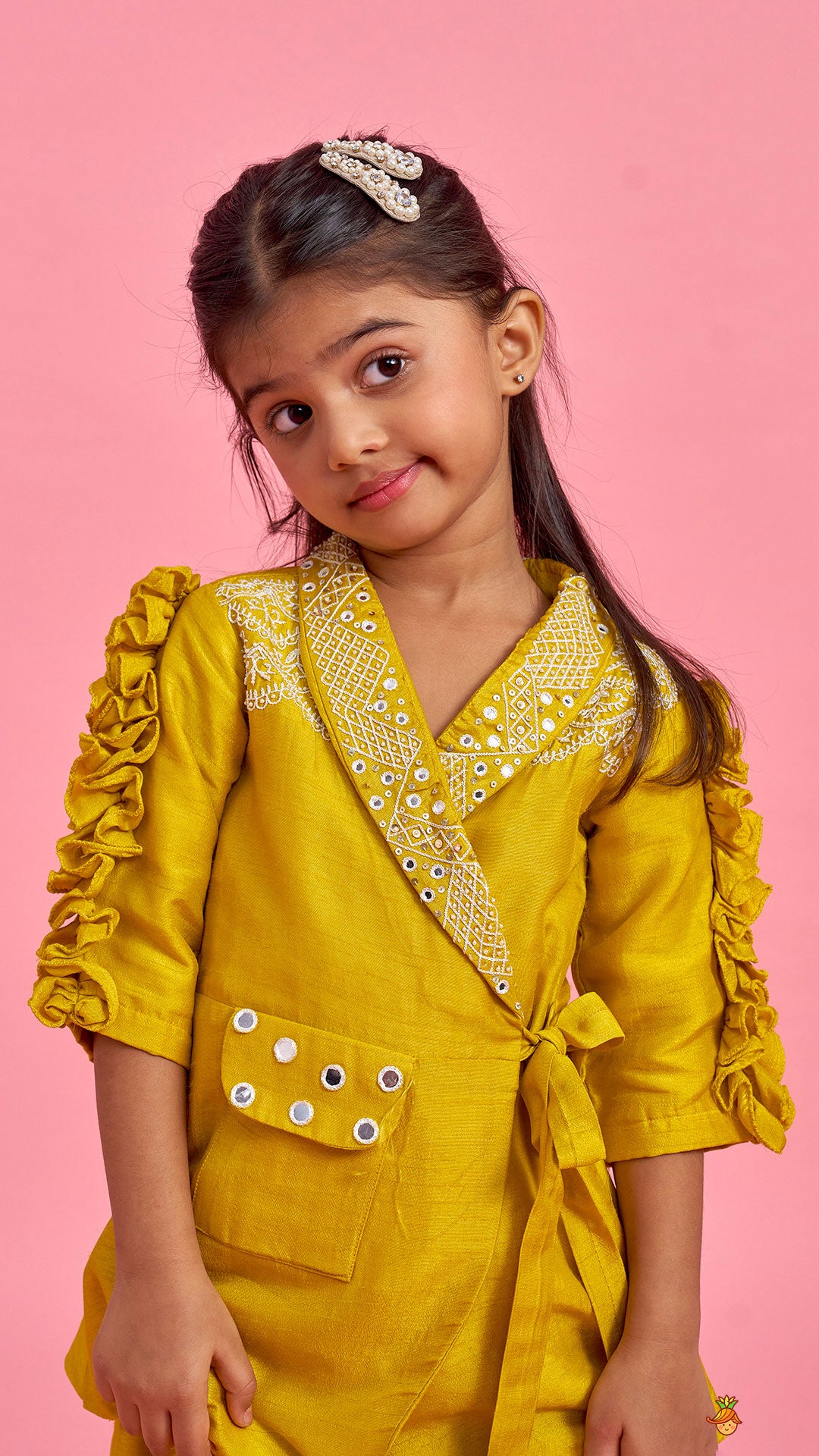 Mustard Embroidered Jacket Style Top And Pleated Palazzo
