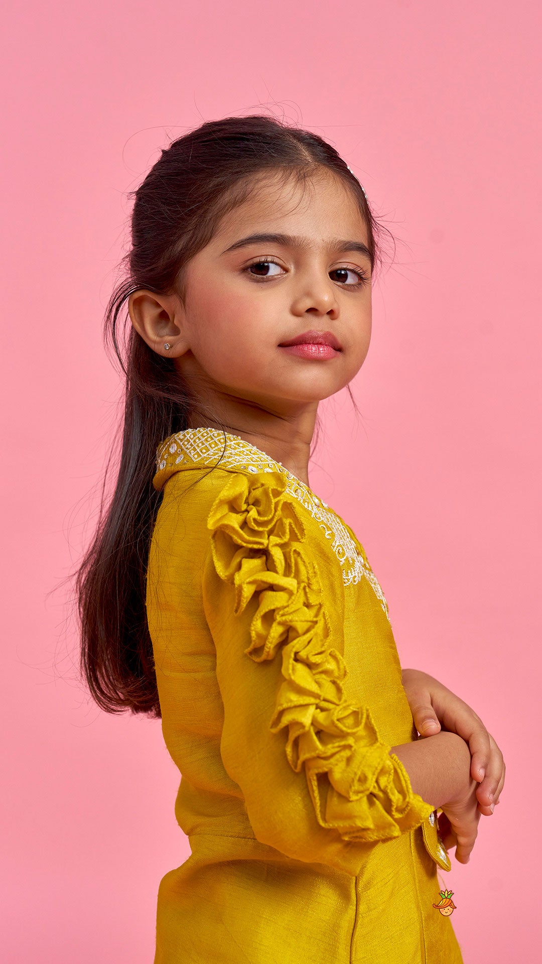 Mustard Embroidered Jacket Style Top And Pleated Palazzo