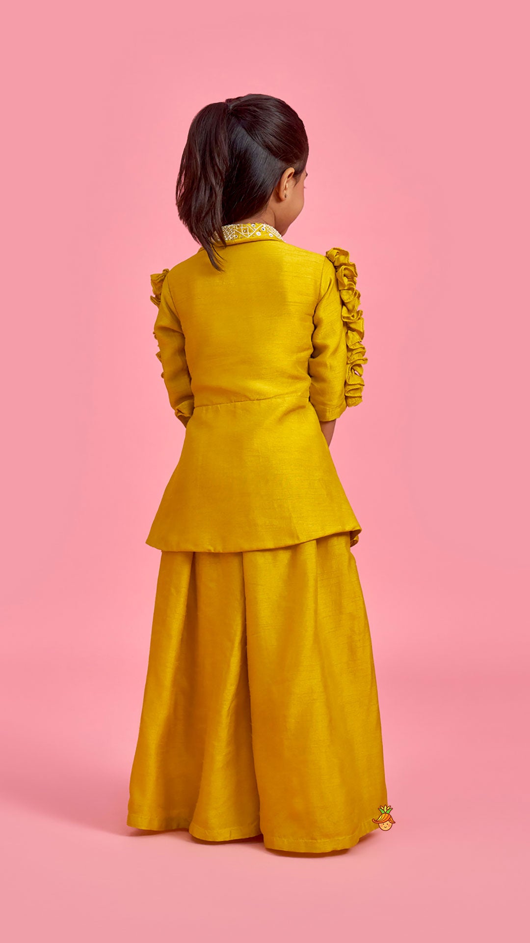 Mustard Embroidered Jacket Style Top And Pleated Palazzo