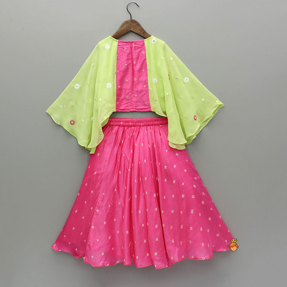 Pink Top With Green Contrast Flared Sleeves And Lehenga
