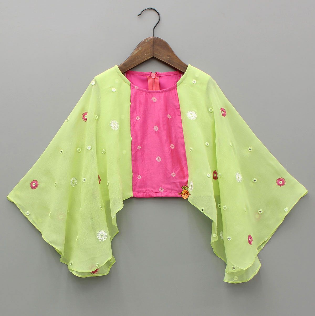 Pink Top With Green Contrast Flared Sleeves And Lehenga