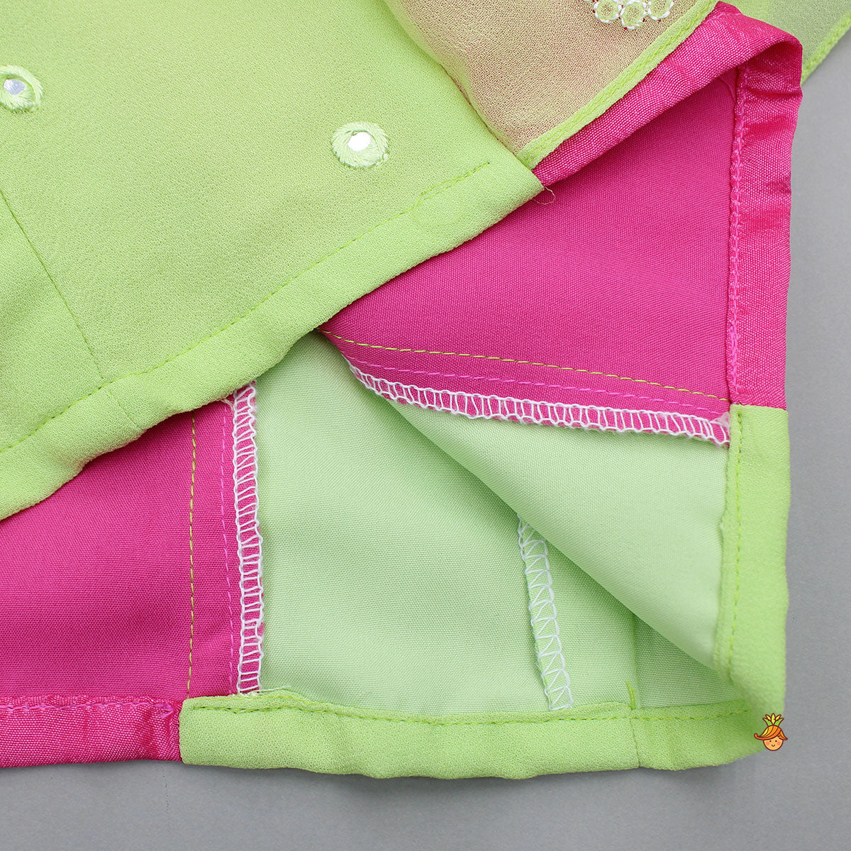 Pink Top With Green Contrast Flared Sleeves And Lehenga