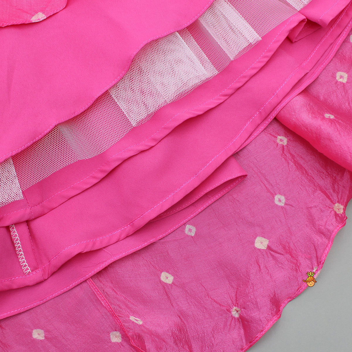 Pink Top With Green Contrast Flared Sleeves And Lehenga