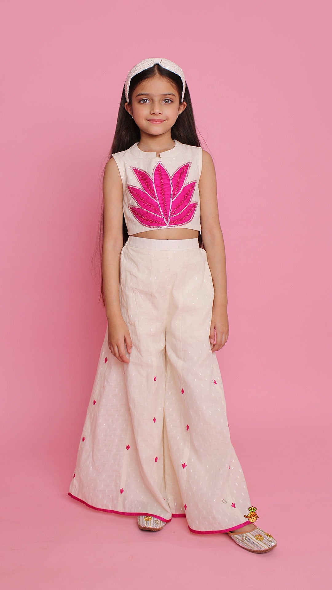 Off White Top With Pink Lotus Applique Embroidery And Palazzo