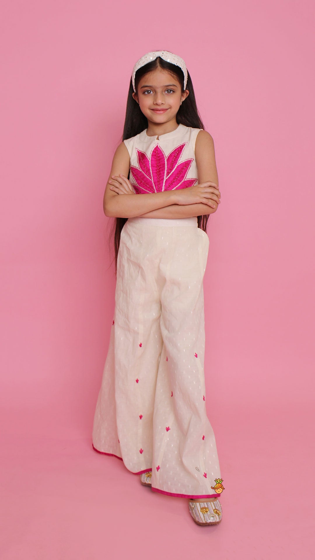 Off White Top With Pink Lotus Applique Embroidery And Palazzo