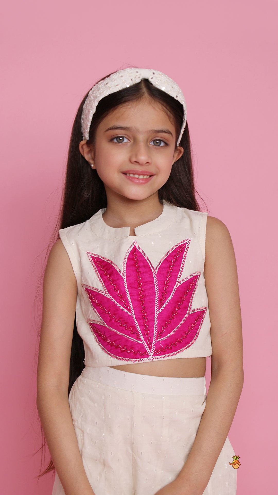 Off White Top With Pink Lotus Applique Embroidery And Palazzo