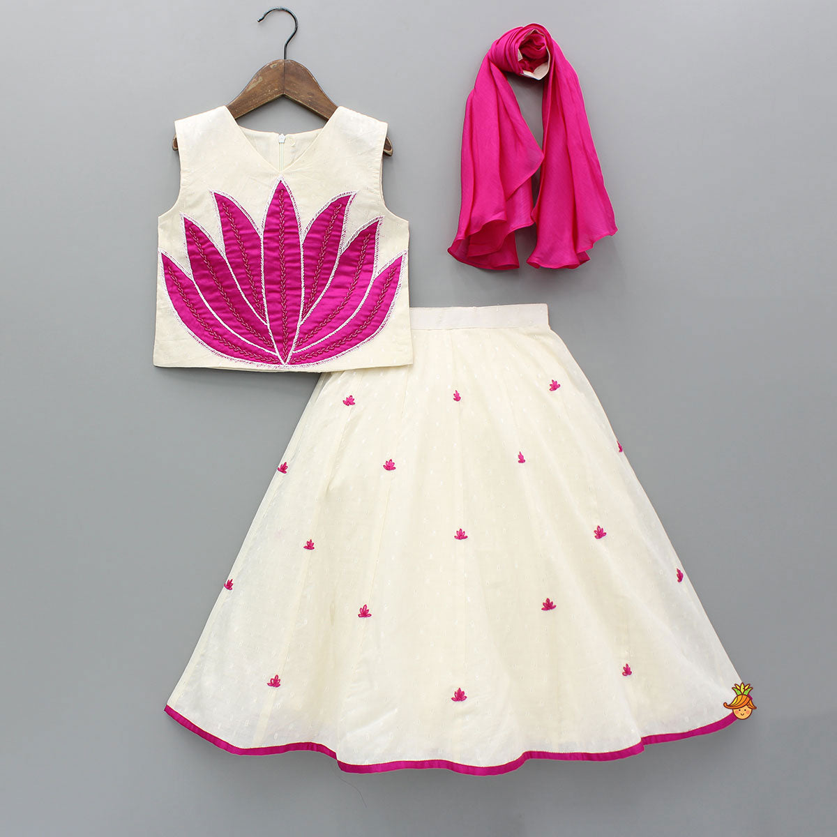 Pink Lotus Applique Embroidered Off White Top And Lehenga With Dupatta