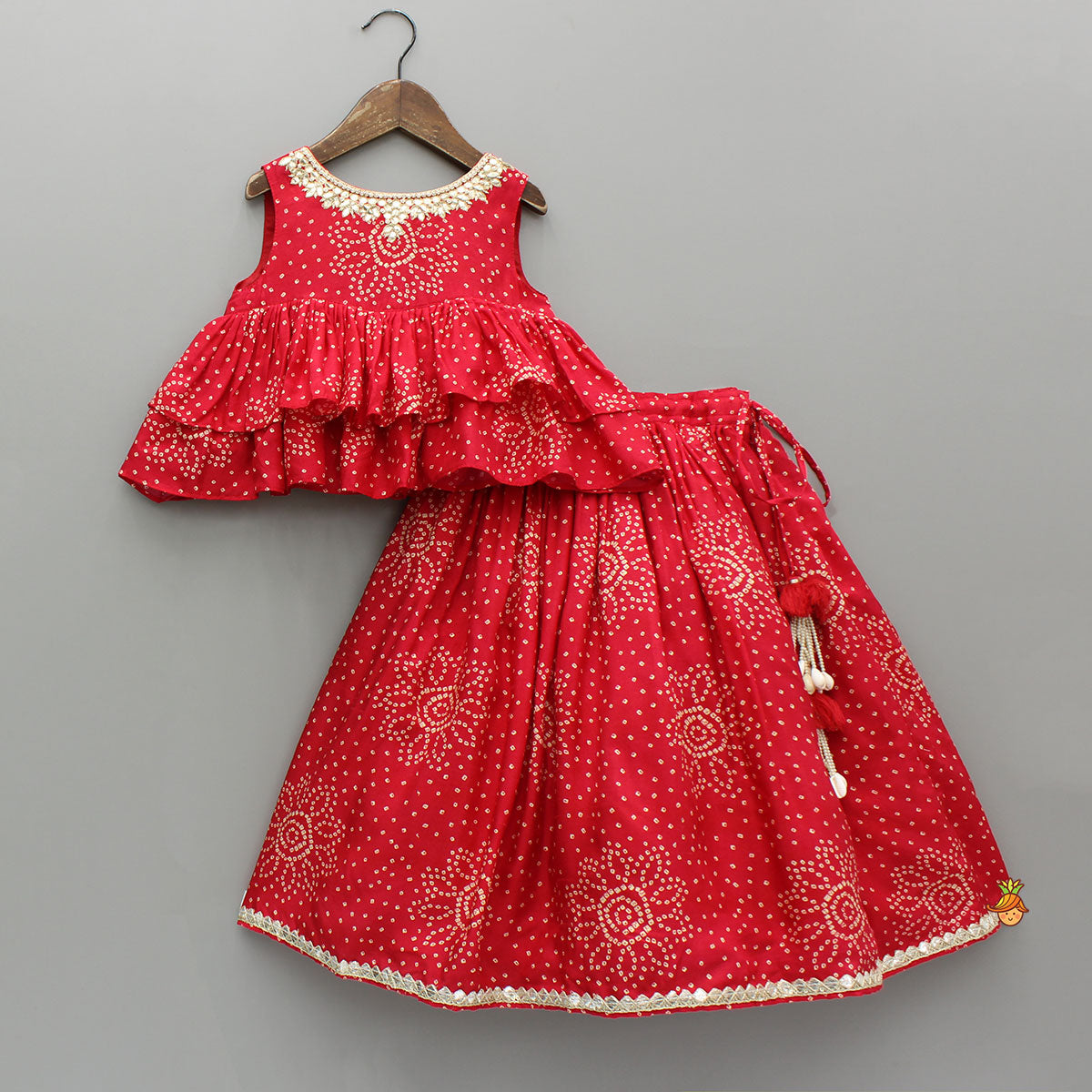 Red Printed Embroidered Layered Top And Flared Lehenga
