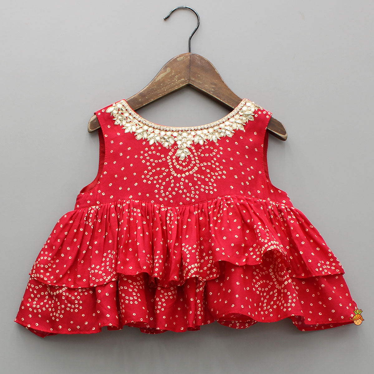 Red Printed Embroidered Layered Top And Flared Lehenga