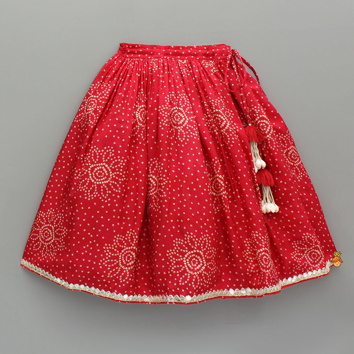 Red Printed Embroidered Layered Top And Flared Lehenga