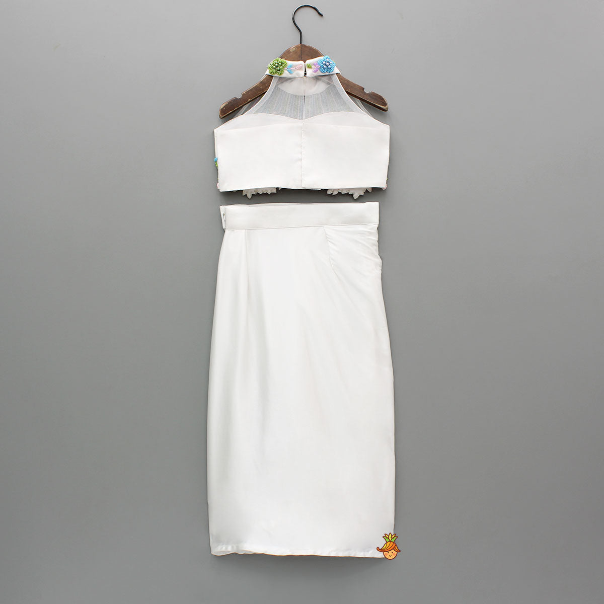 White Embroidered Embellished Halter Neck Top With Dhoti Style Skirt