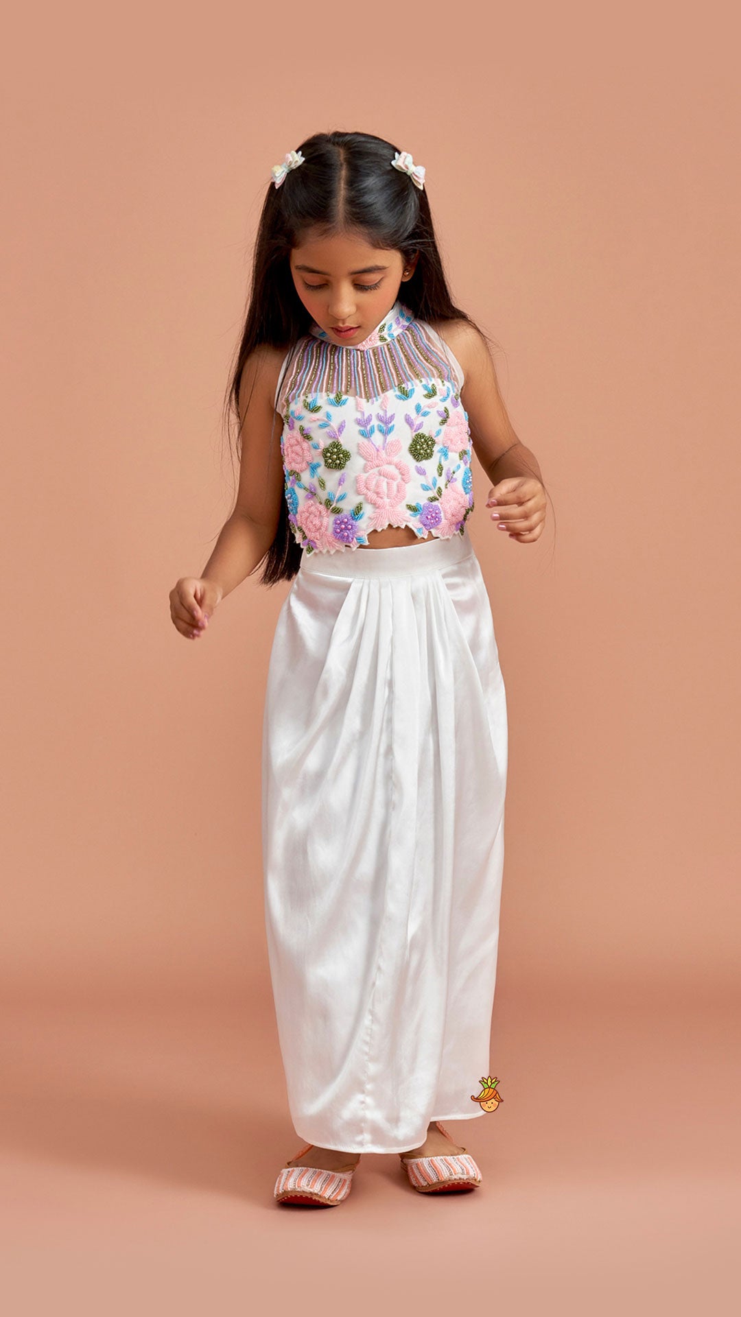 White Embroidered Embellished Halter Neck Top With Dhoti Style Skirt