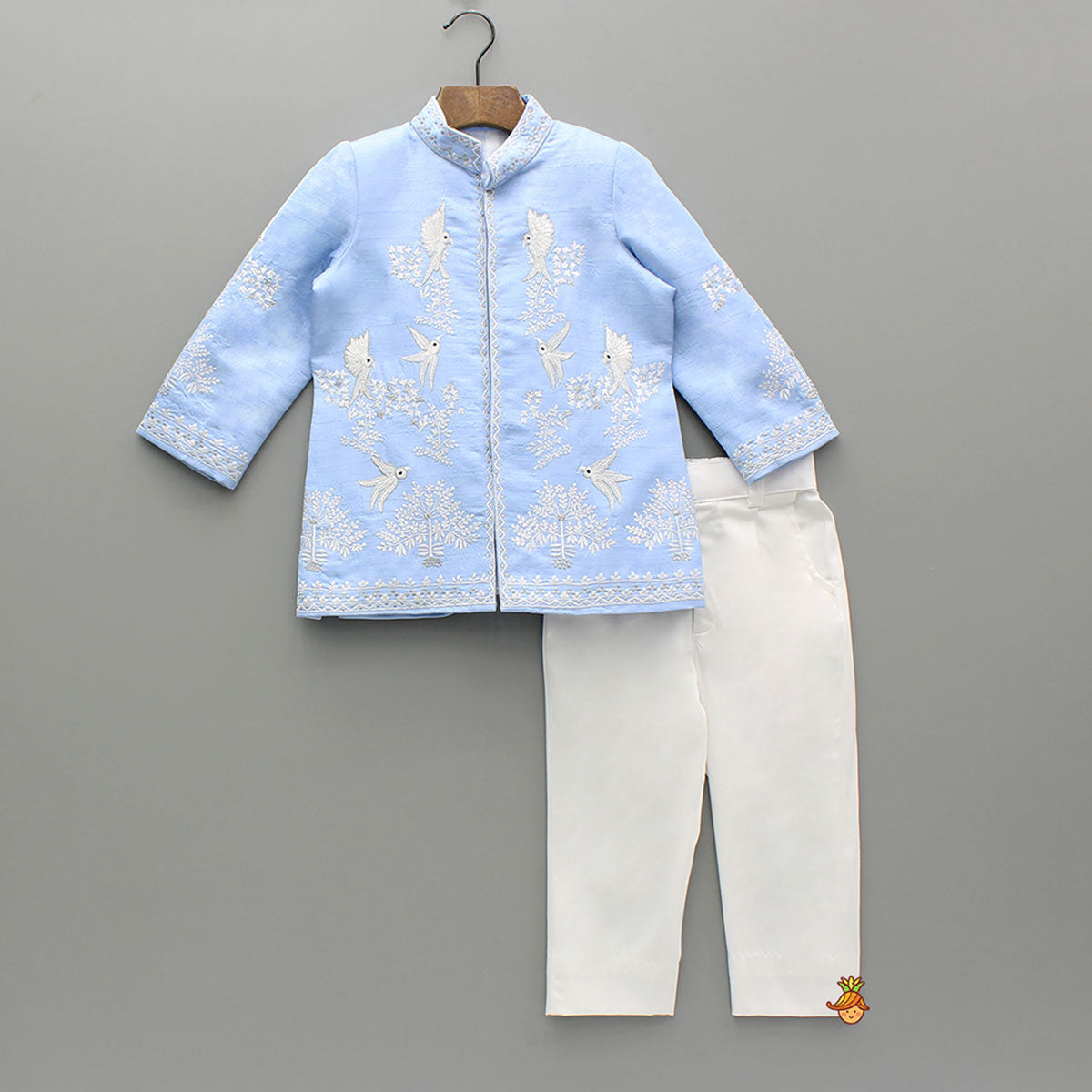 Bird Embroidered Blue Sherwani With Pants