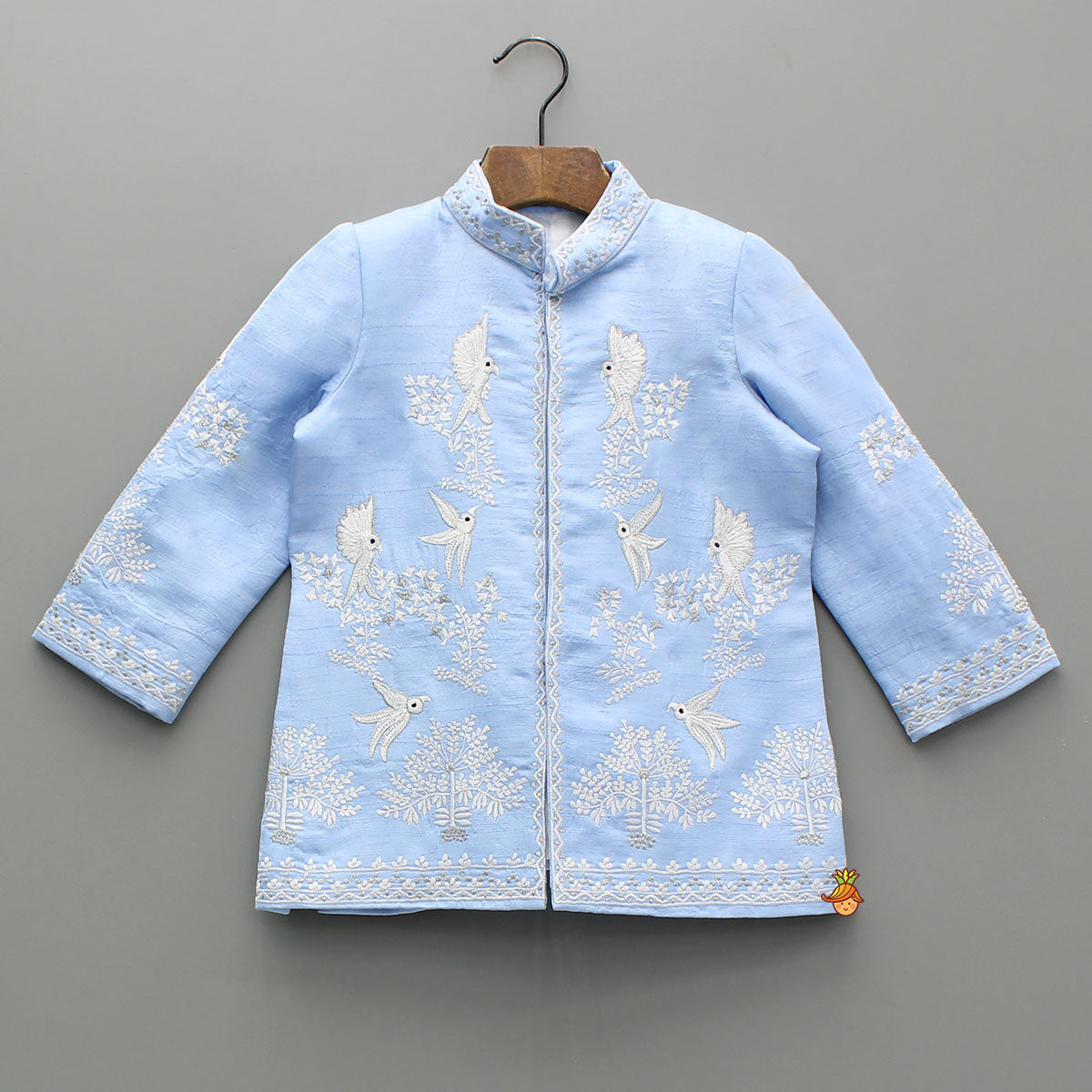 Bird Embroidered Blue Sherwani With Pants