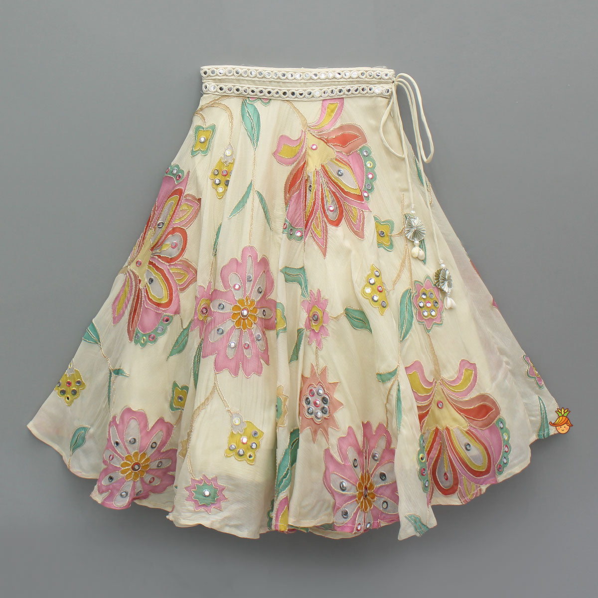 Multicolour Floral Printed And Embroidered Ivory Top With Matching Lehenga And Dupatta