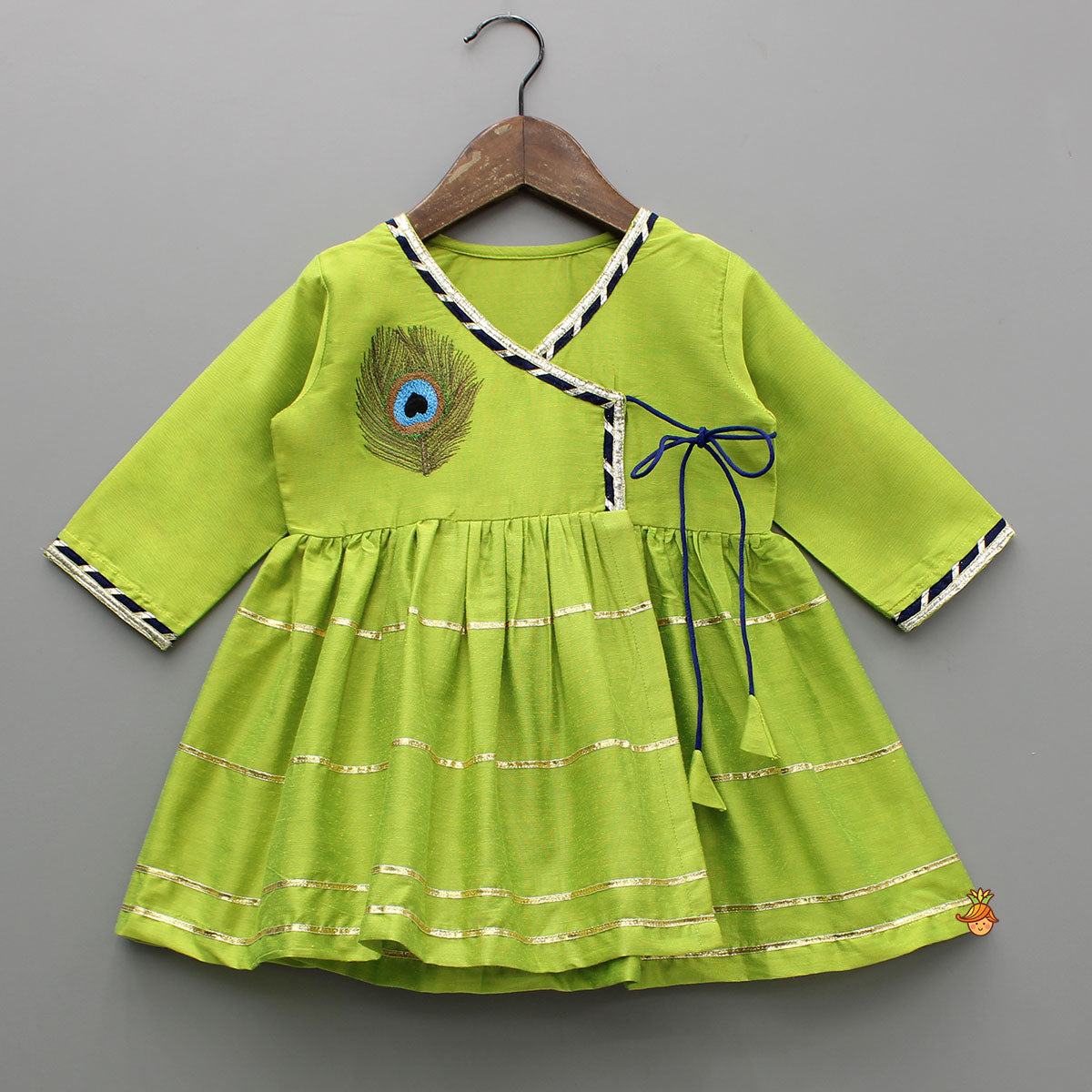 Gota Lace Detailed Green Kurti With Blue Dhoti