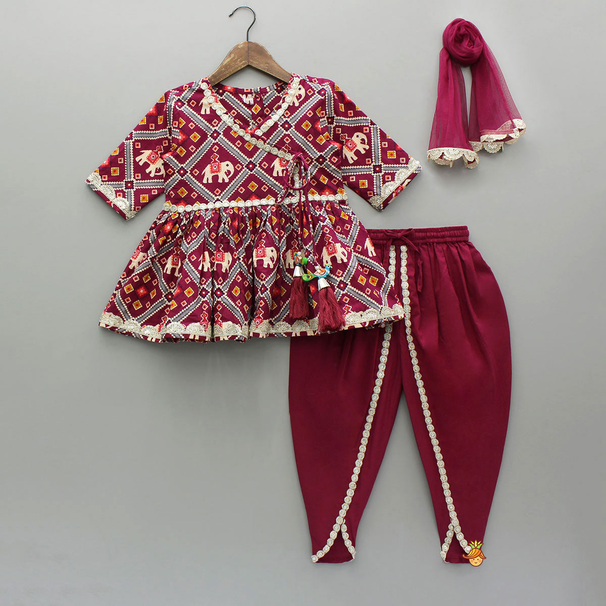 Beautiful Patola-Printed Angarkha Style Kurti And Dhoti With Dupatta