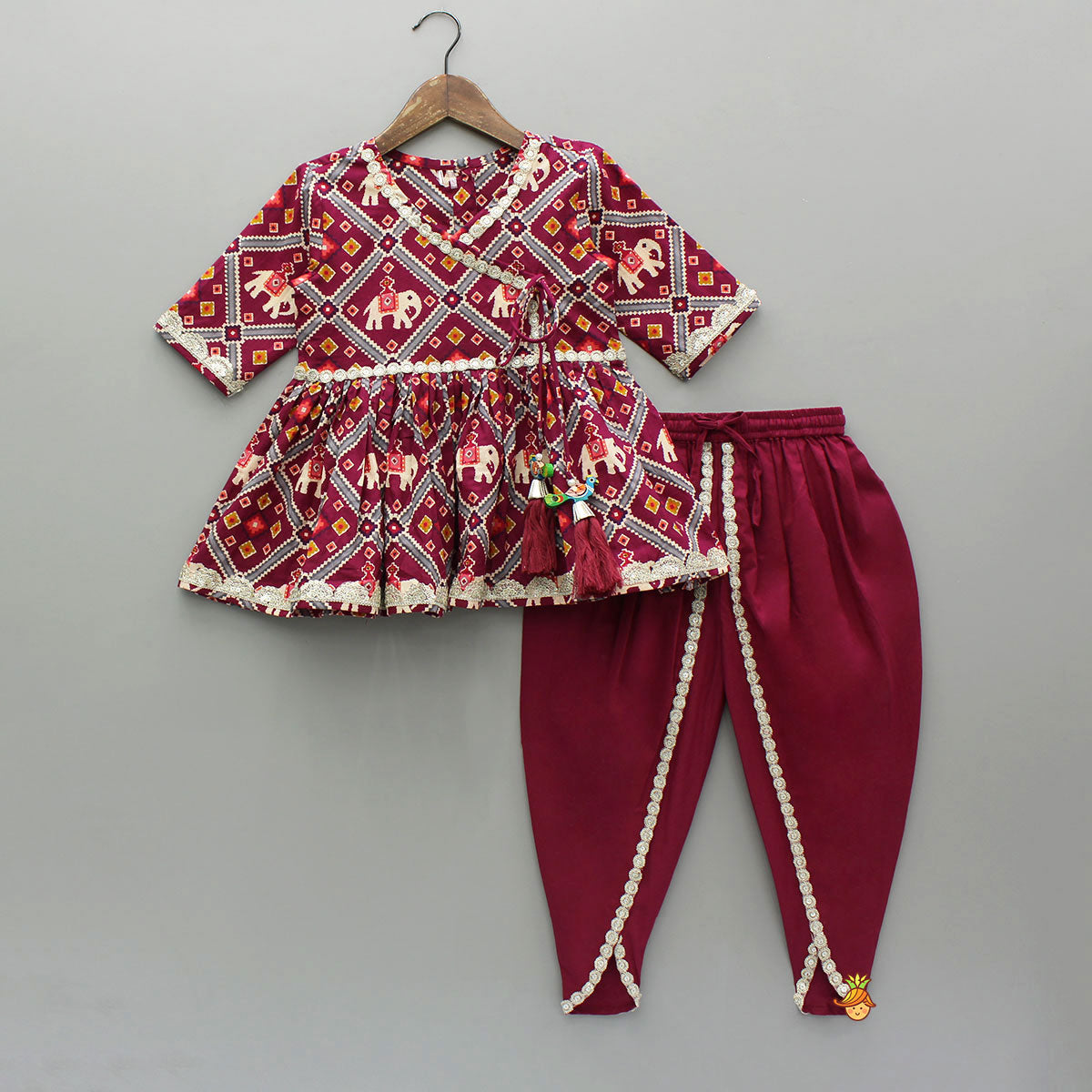 Beautiful Patola-Printed Angarkha Style Kurti And Dhoti With Dupatta