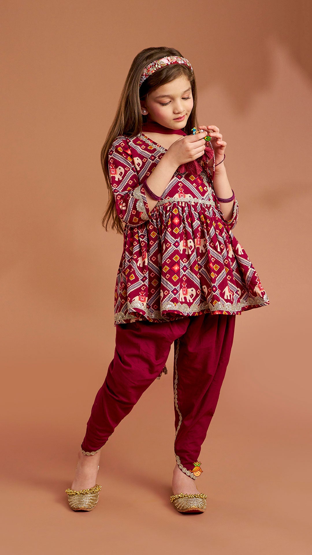 Beautiful Patola-Printed Angarkha Style Kurti And Dhoti With Dupatta