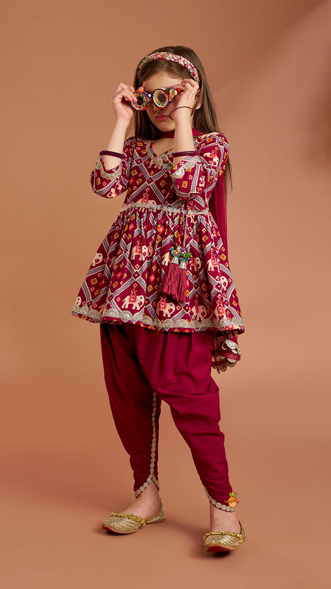 Beautiful Patola-Printed Angarkha Style Kurti And Dhoti With Dupatta