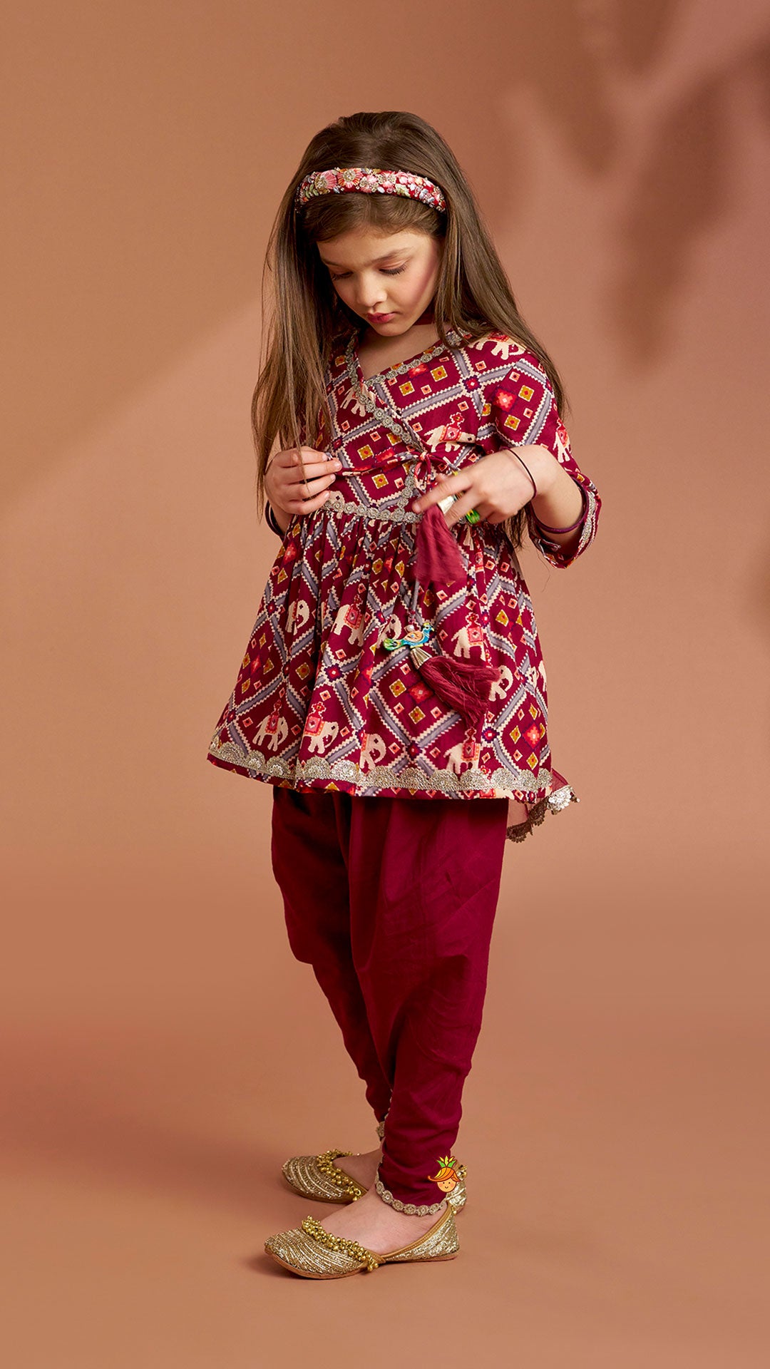 Beautiful Patola-Printed Angarkha Style Kurti And Dhoti With Dupatta